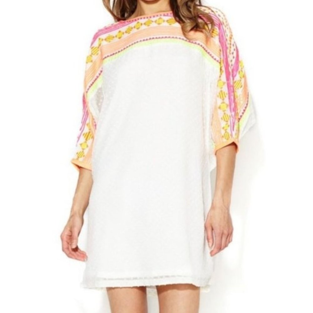 Ranna Gill for Anthropologie White Swiss Dot Neon Embroidered Tie Belt Dress, XS